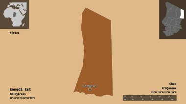 Ennedi Est, Çad bölgesi ve başkenti. Uzaklık ölçeği, ön gösterimler ve etiketler. Desenli dokuların bileşimi. 3B görüntüleme