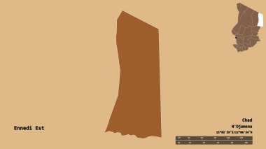Ennedi Est 'in şekli, Çad bölgesi, sermayesi sağlam bir zemin üzerinde izole edilmiş. Uzaklık ölçeği, bölge önizlemesi ve etiketleri. Desenli dokuların bileşimi. 3B görüntüleme