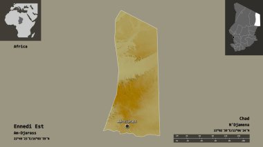 Ennedi Est, Çad bölgesi ve başkenti. Uzaklık ölçeği, ön gösterimler ve etiketler. Topografik yardım haritası. 3B görüntüleme