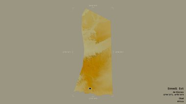 Ennedi Est bölgesi, Çad bölgesi, jeoreferatlı bir sınır kutusunda sağlam bir arka planda izole edilmiş. Etiketler. Topografik yardım haritası. 3B görüntüleme