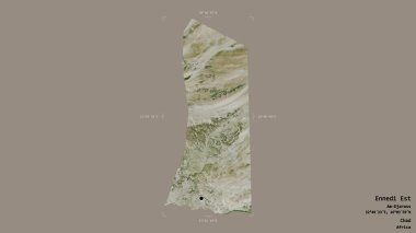 Ennedi Est bölgesi, Çad bölgesi, jeoreferatlı bir sınır kutusunda sağlam bir arka planda izole edilmiş. Etiketler. Uydu görüntüleri. 3B görüntüleme