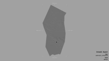 Ennedi Ouest bölgesi, Chad bölgesi, jeoreferatlı bir sınır kutusunda sağlam bir arka planda izole edilmiş. Etiketler. Çift seviyeli yükseklik haritası. 3B görüntüleme