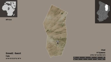 Ennedi Ouest, Çad bölgesi ve başkenti. Uzaklık ölçeği, ön gösterimler ve etiketler. Uydu görüntüleri. 3B görüntüleme