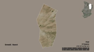 Ennedi Ouest 'in şekli, Çad bölgesi, sermayesi sağlam arka planda izole edilmiş. Uzaklık ölçeği, bölge önizlemesi ve etiketleri. Uydu görüntüleri. 3B görüntüleme