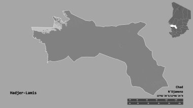 Hacı-Lamis 'in şekli, Çad bölgesi, başkenti sağlam bir zemin üzerinde izole edilmiş. Uzaklık ölçeği, bölge önizlemesi ve etiketleri. Çift seviyeli yükseklik haritası. 3B görüntüleme