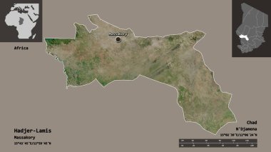 Hacı-Lamis 'in şekli, Çad bölgesi ve başkenti. Uzaklık ölçeği, ön gösterimler ve etiketler. Uydu görüntüleri. 3B görüntüleme