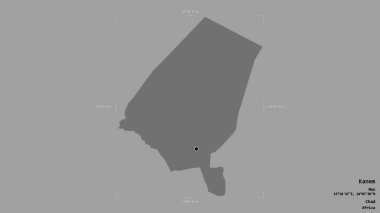 Kanem bölgesi, Chad bölgesi, jeoreferatlı bir sınır kutusunda sağlam bir arka planda izole edilmiş. Etiketler. Çift seviyeli yükseklik haritası. 3B görüntüleme