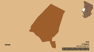 Kanem 'in şekli, Çad bölgesi, başkenti sağlam bir zemin üzerinde izole edilmiş. Uzaklık ölçeği, bölge önizlemesi ve etiketleri. Desenli dokuların bileşimi. 3B görüntüleme