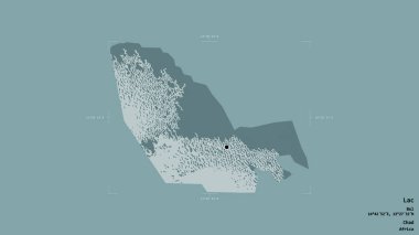 Lac bölgesi, Chad bölgesi, jeoreferatlı bir sınır kutusunda sağlam bir arka planda izole edilmiş. Etiketler. Renkli yükseklik haritası. 3B görüntüleme