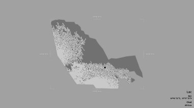 Lac bölgesi, Chad bölgesi, jeoreferatlı bir sınır kutusunda sağlam bir arka planda izole edilmiş. Etiketler. Çift seviyeli yükseklik haritası. 3B görüntüleme