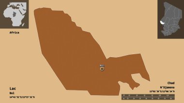 Lac 'ın şekli, Çad bölgesi ve başkenti. Uzaklık ölçeği, ön gösterimler ve etiketler. Desenli dokuların bileşimi. 3B görüntüleme