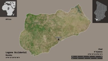 Logone Occidental, Çad bölgesi ve başkenti. Uzaklık ölçeği, ön gösterimler ve etiketler. Uydu görüntüleri. 3B görüntüleme