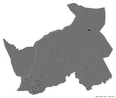 Logone Oriental, Çad bölgesi, başkenti beyaz arka planda izole edilmiş. Çift seviyeli yükseklik haritası. 3B görüntüleme