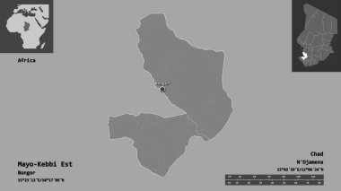 Mayo-Kebbi Est, Çad bölgesi ve başkenti. Uzaklık ölçeği, ön gösterimler ve etiketler. Çift seviyeli yükseklik haritası. 3B görüntüleme