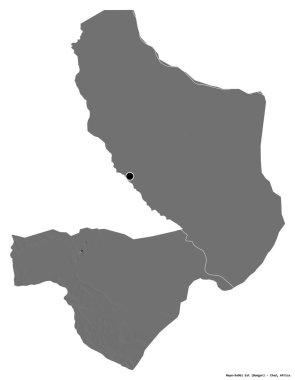 Mayo-Kebbi Est, Çad bölgesi, başkenti beyaz arka planda izole edilmiş. Çift seviyeli yükseklik haritası. 3B görüntüleme