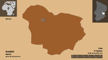 Ouaddai 'nin şekli, Çad bölgesi ve başkenti. Uzaklık ölçeği, ön gösterimler ve etiketler. Desenli dokuların bileşimi. 3B görüntüleme