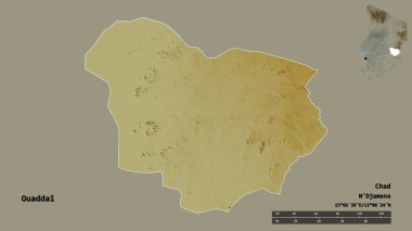 Çad 'ın Ouaddai bölgesi, başkenti sağlam bir zemin üzerinde izole edilmiştir. Uzaklık ölçeği, bölge önizlemesi ve etiketleri. Topografik yardım haritası. 3B görüntüleme