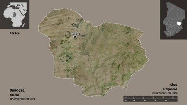 Ouaddai 'nin şekli, Çad bölgesi ve başkenti. Uzaklık ölçeği, ön gösterimler ve etiketler. Uydu görüntüleri. 3B görüntüleme