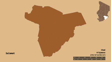 Salamat 'ın şekli, Çad bölgesi, başkenti sağlam bir zemin üzerinde izole edilmiş. Uzaklık ölçeği, bölge önizlemesi ve etiketleri. Desenli dokuların bileşimi. 3B görüntüleme