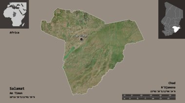 Salamat 'ın şekli, Çad bölgesi ve başkenti. Uzaklık ölçeği, ön gösterimler ve etiketler. Uydu görüntüleri. 3B görüntüleme