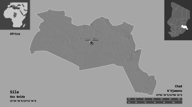 Sila 'nın şekli, Çad bölgesi ve başkenti. Uzaklık ölçeği, ön gösterimler ve etiketler. Çift seviyeli yükseklik haritası. 3B görüntüleme