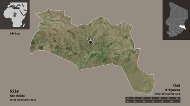 Sila 'nın şekli, Çad bölgesi ve başkenti. Uzaklık ölçeği, ön gösterimler ve etiketler. Uydu görüntüleri. 3B görüntüleme