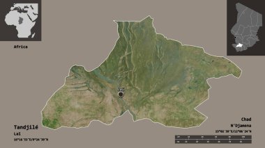 Tandjile 'in şekli, Çad bölgesi ve başkenti. Uzaklık ölçeği, ön gösterimler ve etiketler. Uydu görüntüleri. 3B görüntüleme