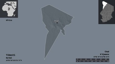 Tibesti 'nin şekli, Çad bölgesi ve başkenti. Uzaklık ölçeği, ön gösterimler ve etiketler. Renkli yükseklik haritası. 3B görüntüleme