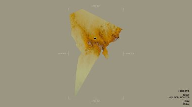 Tibesti bölgesi, Chad bölgesi, jeoreferatlı bir sınır kutusunda sağlam bir arka planda izole edilmiş. Etiketler. Topografik yardım haritası. 3B görüntüleme