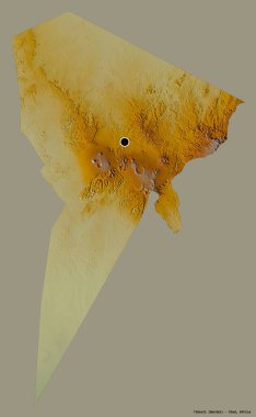 Tibesti 'nin şekli, Çad bölgesi, başkenti katı renk arkaplanı ile izole edilmiş. Topografik yardım haritası. 3B görüntüleme