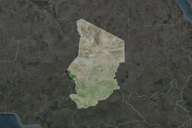 Chad 'in şekli, komşu bölgelerin dedoygunluğuyla ayrılmış. Sınırlar. Uydu görüntüleri. 3B görüntüleme