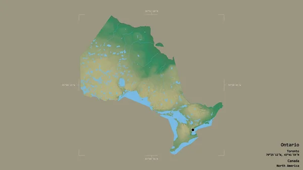 カナダのオンタリオ州の地域は 洗練された境界ボックス内の強固な背景に隔離されています ラベル 地形図 3Dレンダリング — ストック写真