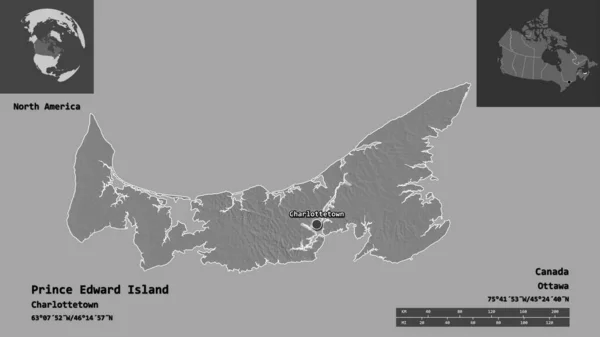 Shape Prince Edward Island Province Canada Its Capital Distance Scale — Stock Photo, Image