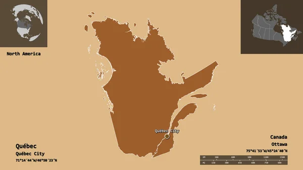 Shape of Quebec, province of Canada, and its capital. Distance scale, previews and labels. Composition of patterned textures. 3D rendering