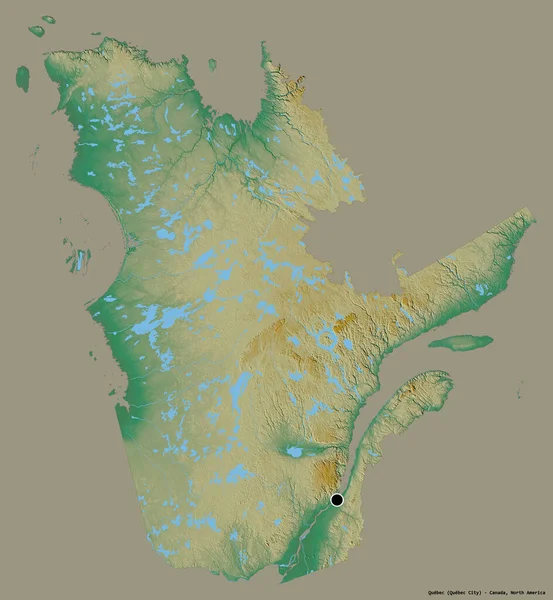 Shape of Quebec, province of Canada, with its capital isolated on a solid color background. Topographic relief map. 3D rendering