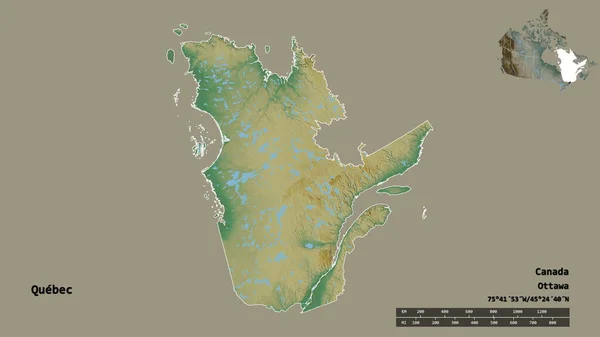 Kształt Quebec Prowincja Kanady Stolicą Odizolowaną Solidnym Tle Skala Odległości — Zdjęcie stockowe