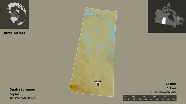 Shape Saskatchewan Province Canada Its Capital Distance Scale Previews Labels — Stock Photo, Image