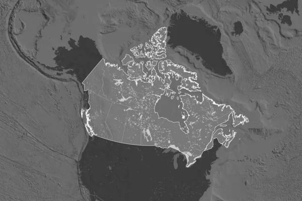 Tvar Kanady Oddělený Desaturací Sousedních Oblastí Hranice Mapa Nadmořské Výšky — Stock fotografie