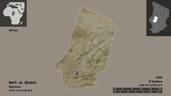 乍得地区的Barh Ghazel形状及其首都 距离刻度 预览和标签 卫星图像 3D渲染 — 图库照片