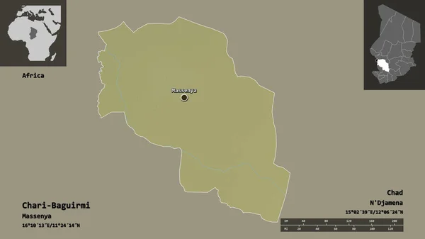 乍得地区Chari Baguirmi的形状及其首都 距离刻度 预览和标签 地形浮雕图 3D渲染 — 图库照片