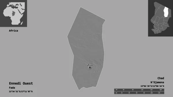 乍得西部地区的Ennedi Ouest形状及其首都 距离刻度 预览和标签 Bilevel高程图 3D渲染 — 图库照片