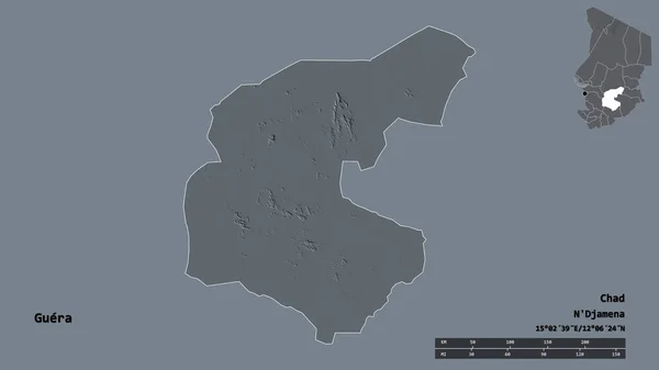 乍得地区盖拉的形状 其首都在坚实的背景下与世隔绝 距离尺度 区域预览和标签 彩色高程图 3D渲染 — 图库照片