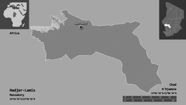 ハディエル ラミスの形 チャドの地域 およびその首都 距離スケール プレビューおよびラベル 標高マップ 3Dレンダリング — ストック写真