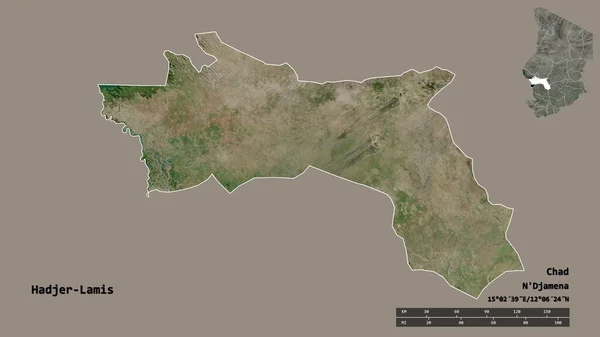 乍得地区Hadjer Lamis的形状 其首都背景坚实 与世隔绝 距离尺度 区域预览和标签 卫星图像 3D渲染 — 图库照片