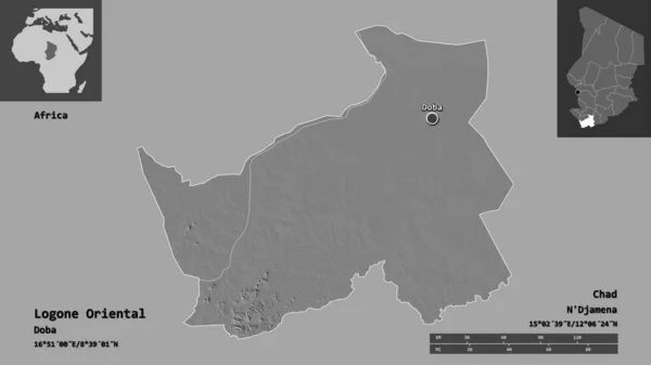 ロゴンの形東洋 チャドの地域 およびその首都 距離スケール プレビューおよびラベル 標高マップ 3Dレンダリング — ストック写真