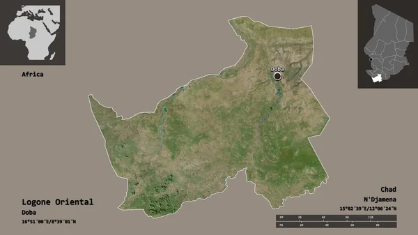 ロゴンの形東洋 チャドの地域 およびその首都 距離スケール プレビューおよびラベル 衛星画像 3Dレンダリング — ストック写真