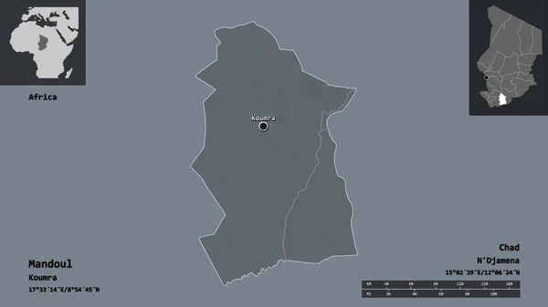 マンドゥルの形 チャドの地域 およびその首都 距離スケール プレビューおよびラベル 色の標高マップ 3Dレンダリング — ストック写真