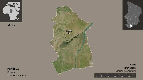 乍得地区的曼杜尔形状及其首都 距离刻度 预览和标签 卫星图像 3D渲染 — 图库照片