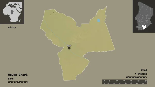乍得地区的中沙里形状及其首都 距离刻度 预览和标签 地形浮雕图 3D渲染 — 图库照片