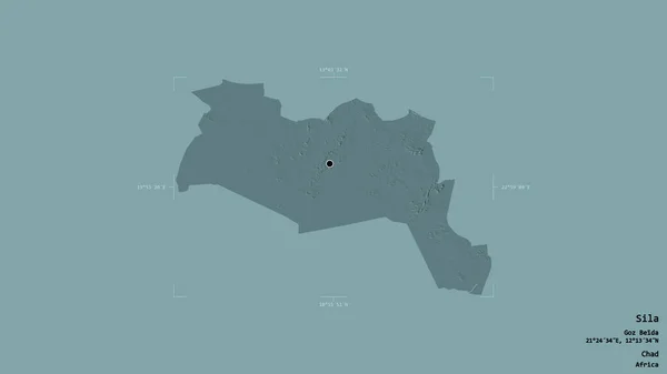 チャドの地域であるSilaの地域は 洗練された境界ボックス内の強固な背景に隔離されています ラベル 色の標高マップ 3Dレンダリング — ストック写真